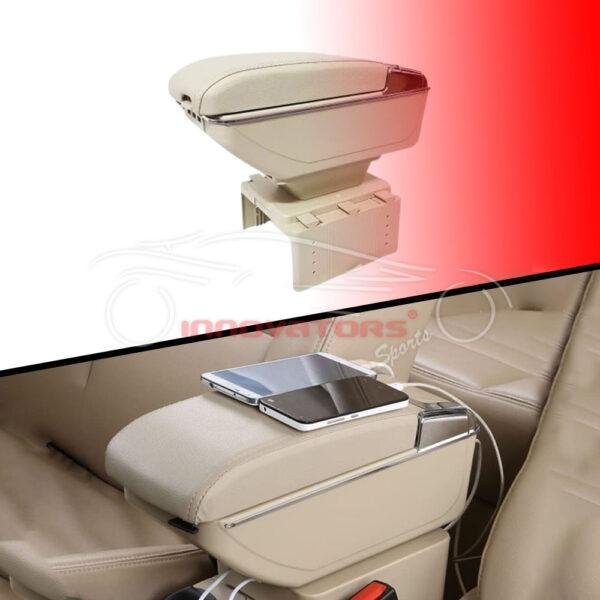 Car Universal Arm Rest 6 USB Beige Chrome - Center Console Storage Box Center Console Elbow Rest Arm Holder