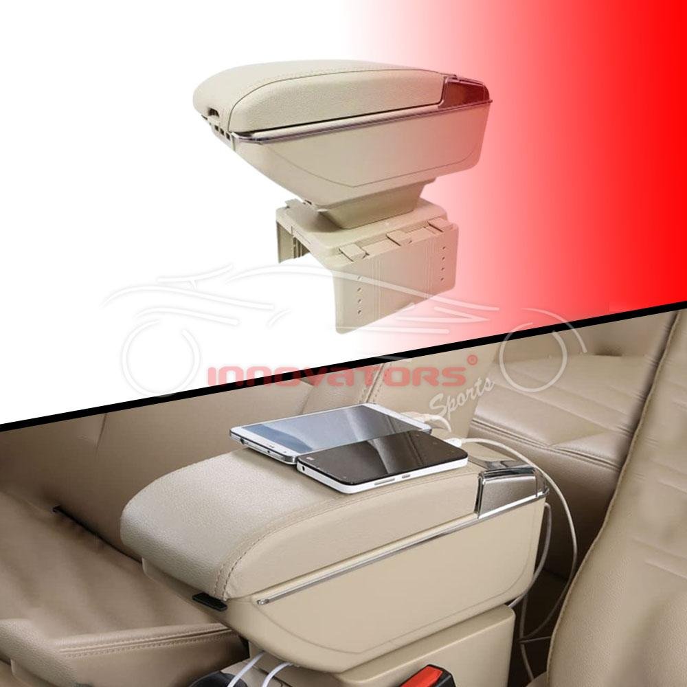Car Universal Arm Rest 6 USB Beige Chrome - Center Console Storage Box Center Console Elbow Rest Arm Holder