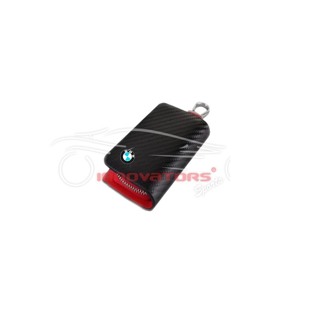 BMW Zipper Key Cover Pouch Carbon Fiber With Keychain Ring