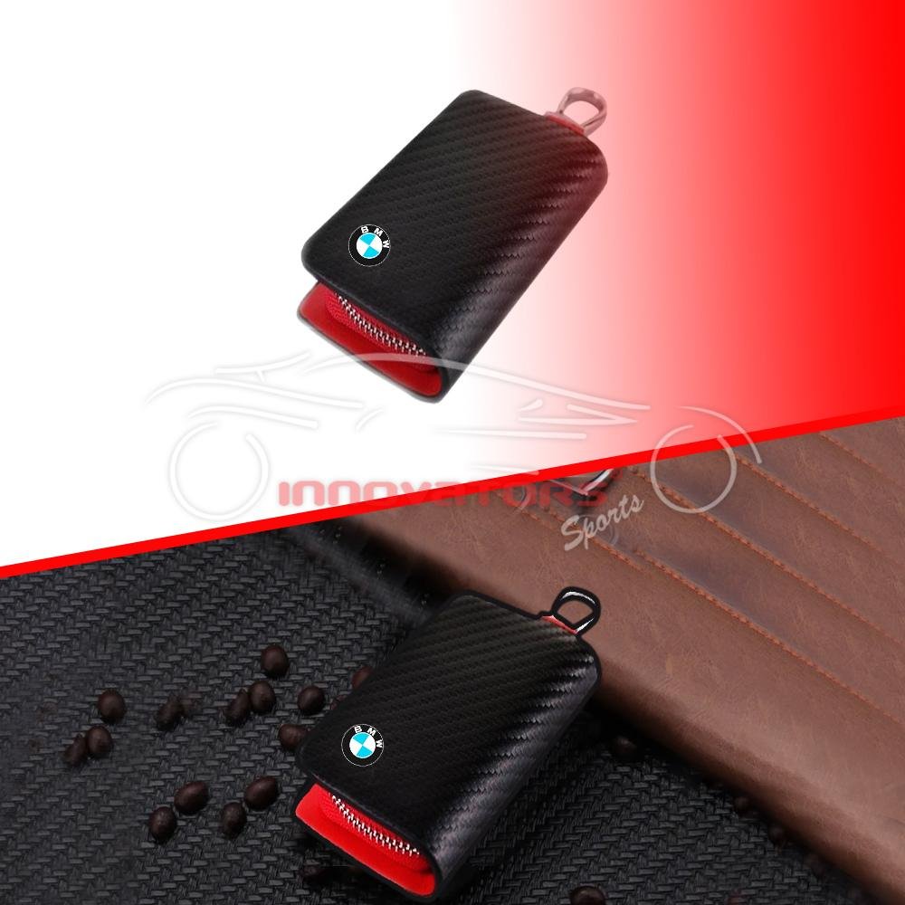 BMW Zipper Key Cover Pouch Carbon Fiber With Keychain Ring