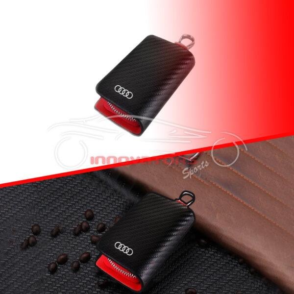 Audi Zipper Key Cover Pouch Carbon Fiber With Keychain Ring