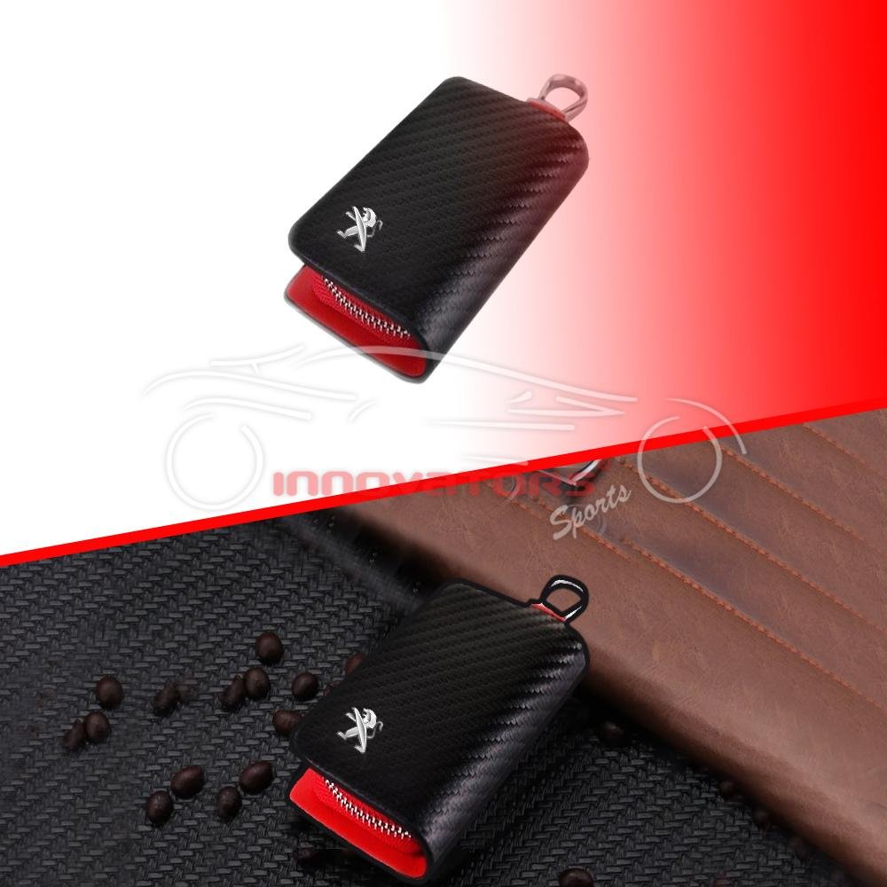 Peugeot Zipper Key Cover Pouch Carbon Fiber With Keychain Ring