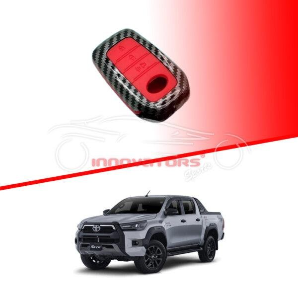 Toyota Hilux Revo-Rocco Plastic Key Cover PVC 3 Buttons - Carbon Fiber With Red